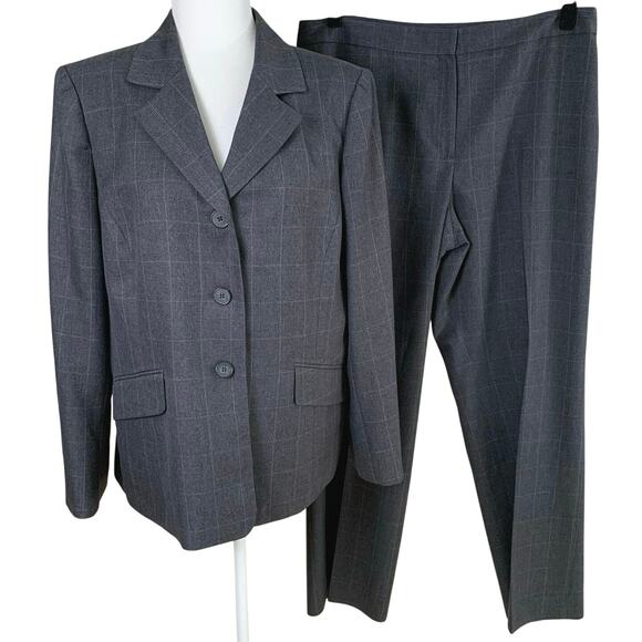 Kasper Size 16 Pant Suit w/ Blazer Jacket Charcoal Gray Windowpane Career Work - Picture 1 of 9